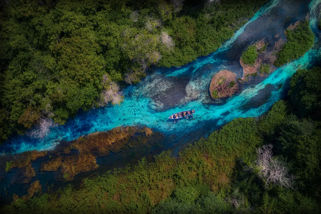 an aerial view of a river