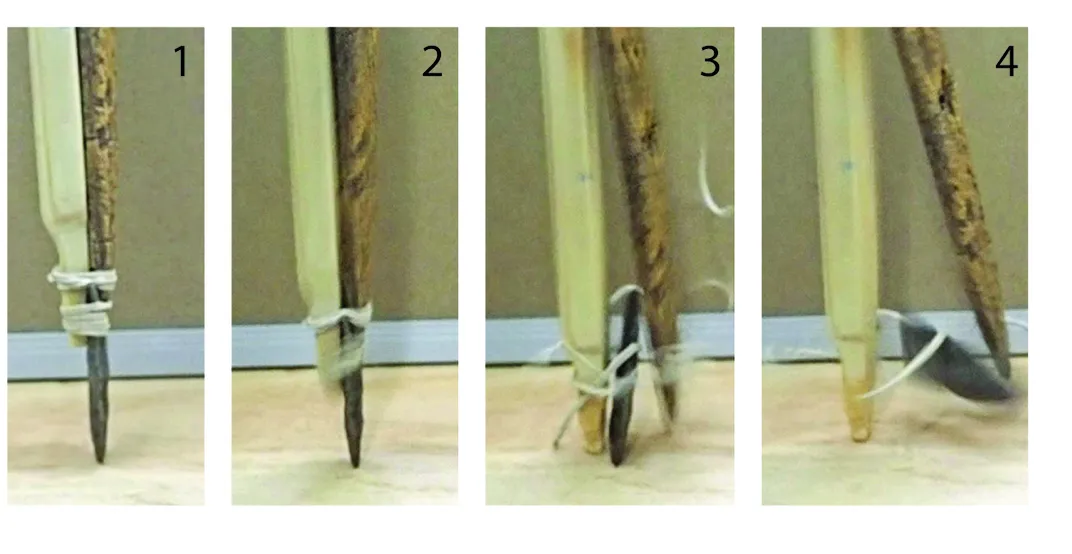 Side by side images showing a pointed spear pushing against the ground and breaking