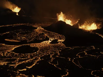 Lava erupts from the&nbsp;Sundhn&uacute;kur volcano on June 3, 2024, on the Reykjanes Peninsula near Grindavik, Iceland.&nbsp;The volcano has erupted five times since December 2023, forcing evacuations of Grindavik and the Blue Lagoon geothermal spa.