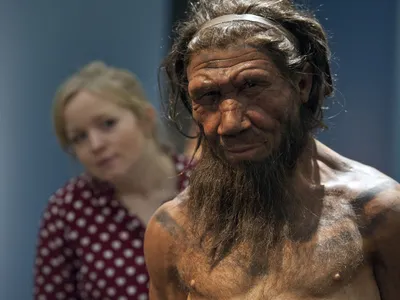 A woman stands behind a model of a Neanderthal at the Natural History Museum in London.&nbsp;Contrary to the narrative that early humans left Africa roughly 50,000 years ago, a new study finds our species migrated from the continent on multiple occasions.