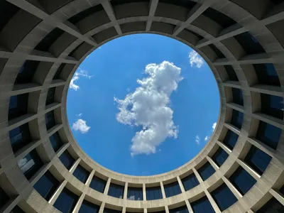 From inside of the Hirshhorn, the museum&#39;s circular design creates an oculus effect.