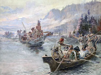 York, the enslaved man who accompanied Lewis and Clark on their history-making expedition, appears in the rightmost canoe in this 1905 painting by Charles Marion Russell.