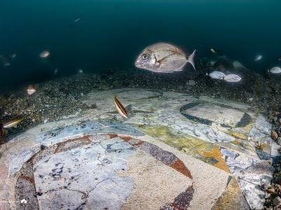 Fish swim by an ancient Roman mosaic once part of a wealthy villa in the city of Baiae.