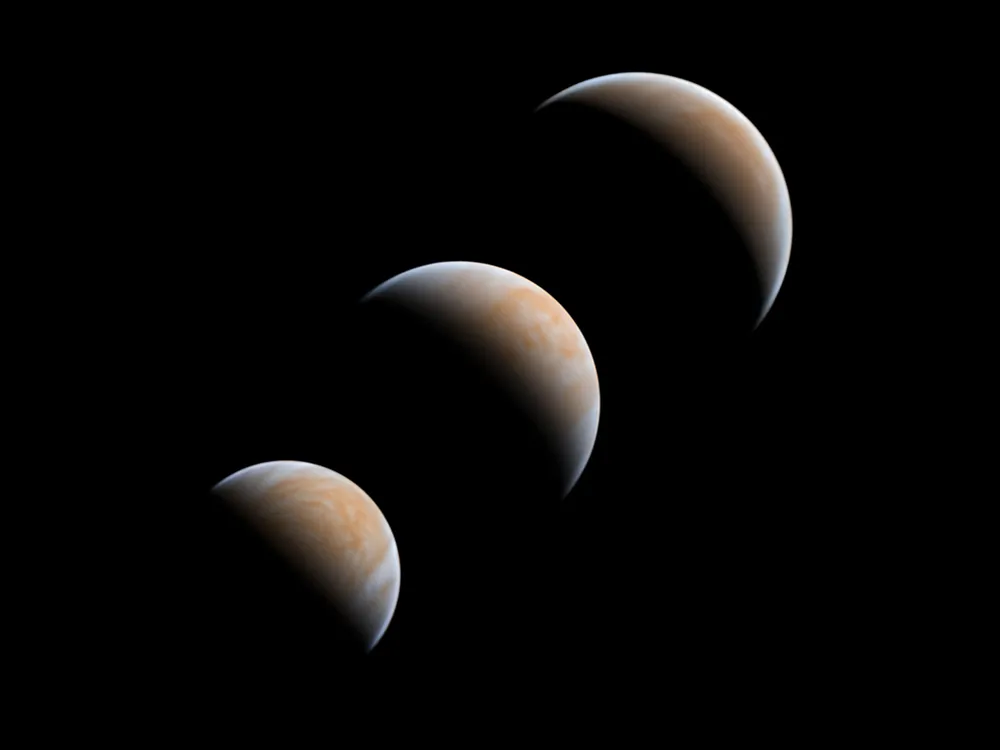 A collection of views of Venus’s blue and orange surface.