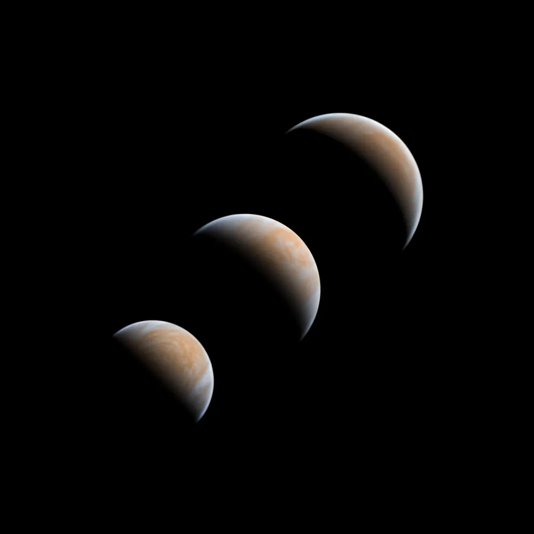 A collection of views of Venus’s blue and orange surface.