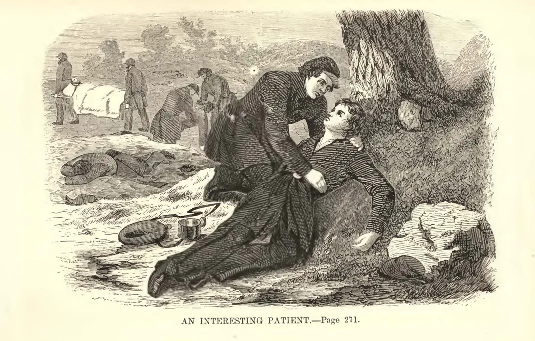 An illustration of Edmonds, as Franklin Thompson, meeting a fellow female soldier