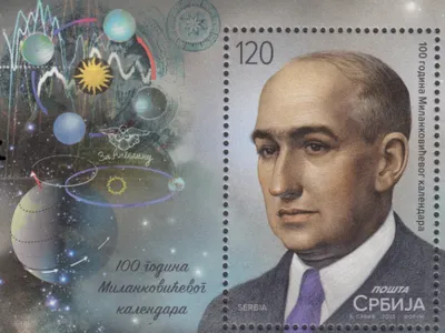 A 2023 commemorative stamp from Serbia&rsquo;s postal service showing Milutin Milanković&nbsp;alongside illustrations of some of his scientific work.