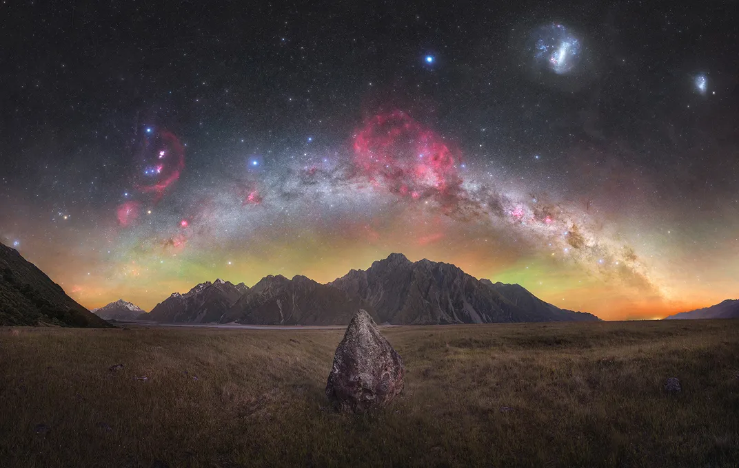 Stars, nebulae, and aurora shine in this summer night sky in New Zealand