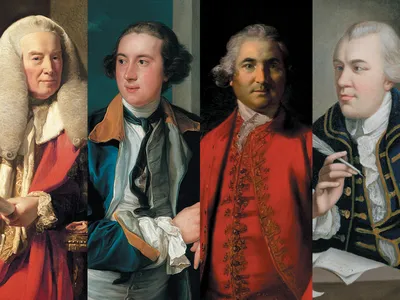 Left to right: William Murray, First Earl of Mansfield; William Legge, Second Earl of Dartmouth; Isaac Barr&eacute;; John Wilkes.