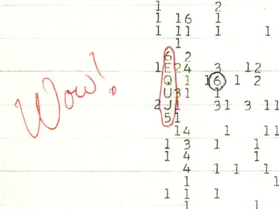 A scan of a color copy of the original computer printout bearing the Wow! signal, taken several years after the signal&#39;s 1977 arrival.